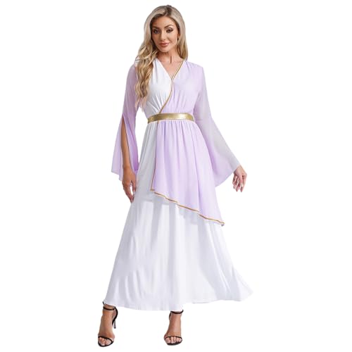 dPois Damen Römisches Kleid Göttin Toga Kostüm Langarm Maxikleid Verkleidung Halloween Fasching Mottoparty Kostüm Lavendel 3XL von dPois
