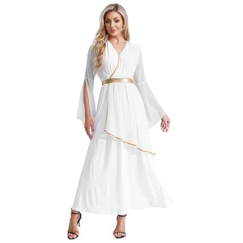 dPois Damen Römisches Kleid Göttin Toga Kostüm Langarm Maxikleid Verkleidung Halloween Fasching Mottoparty Kostüm Weiß XXL von dPois