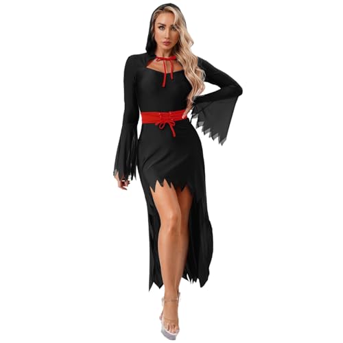 dPois Damen Teufel Kostüm Halloween Vampir Kapuze Kleid Vokuhila Kleider mit Kapuze Gürtel Mottoparty Fasching Kostüm Gothic Punk Kleidung Schwarz XL von dPois