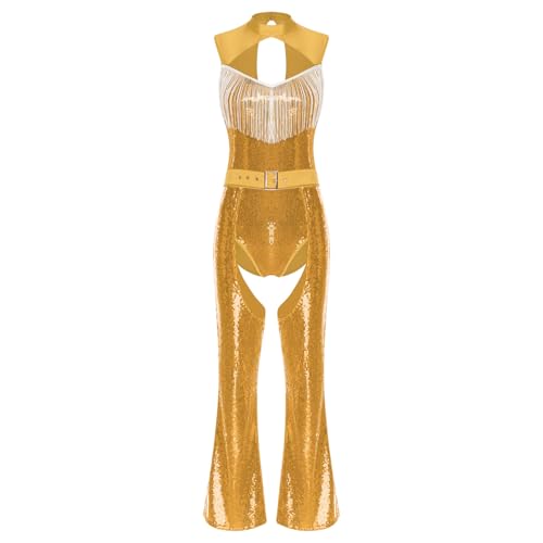 dPois Damen Vintage 70er Disco Kostüm Glitzer Pailletten Bodysuit mit Fransen Schlaghose Chaps Tanz Show Fasching Karneval Kostüm Gold XXL von dPois