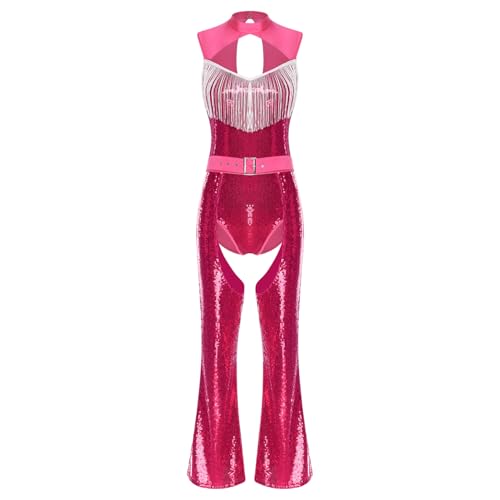 dPois Damen Vintage 70er Disco Kostüm Glitzer Pailletten Bodysuit mit Fransen Schlaghose Chaps Tanz Show Fasching Karneval Kostüm Hot Pink M von dPois