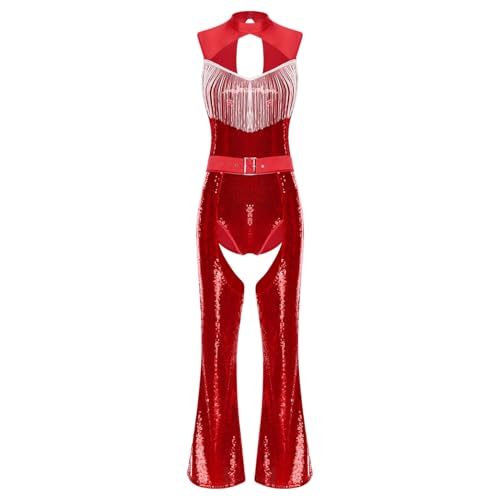 dPois Damen Vintage 70er Disco Kostüm Glitzer Pailletten Bodysuit mit Fransen Schlaghose Chaps Tanz Show Fasching Karneval Kostüm Rot L von dPois