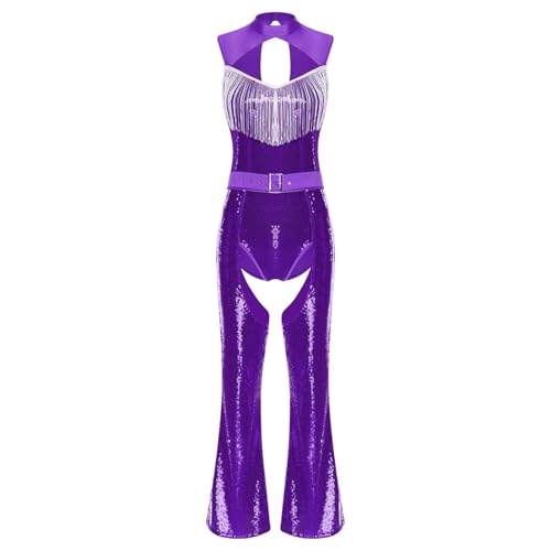 dPois Damen Vintage 70er Disco Kostüm Glitzer Pailletten Bodysuit mit Fransen Schlaghose Chaps Tanz Show Fasching Karneval Kostüm Violett M von dPois