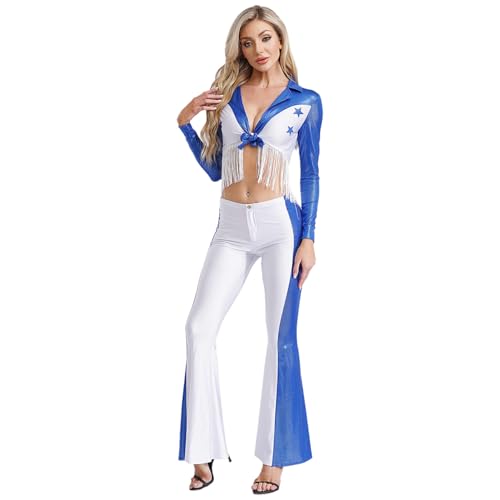 dPois Damen Western Cowboy Kostüm Crop Top Bauchfrei Langarmshirt mit Schlaghose Vintage Hippe Kleidung Fasching Karneval Kostüm Königsblau L dPois Damen Western Cowboy Kostüm Crop Top Bauchfrei Langarmshirt mit Schlaghose Vintage Hippe Kleidung Fasching Karneval Kostüm Königsblau L von dPois