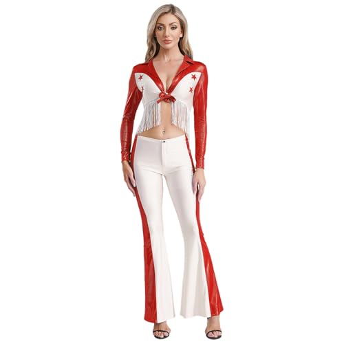 dPois Damen Western Cowboy Kostüm Crop Top Bauchfrei Langarmshirt mit Schlaghose Vintage Hippe Kleidung Fasching Karneval Kostüm Rot 3XL dPois Damen Western Cowboy Kostüm Crop Top Bauchfrei Langarmshirt mit Schlaghose Vintage Hippe Kleidung Fasching Karneval Kostüm Rot 3XL von dPois