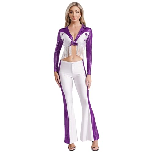 dPois Damen Western Cowboy Kostüm Crop Top Bauchfrei Langarmshirt mit Schlaghose Vintage Hippe Kleidung Fasching Karneval Kostüm Violett 3XL dPois Damen Western Cowboy Kostüm Crop Top Bauchfrei Langarmshirt mit Schlaghose Vintage Hippe Kleidung Fasching Karneval Kostüm Violett 3XL von dPois