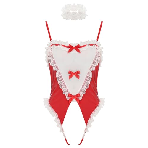 dPois Damen Wetlook Dienstmädchen Kostüm Sexy Bodysuit Einteiler Ouvert Body mit Halsband Nachtwäsche Reizwäsche Rot M von dPois