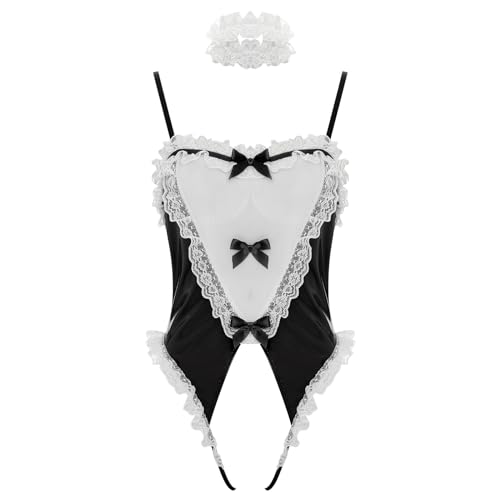 dPois Damen Wetlook Dienstmädchen Kostüm Sexy Bodysuit Einteiler Ouvert Body mit Halsband Nachtwäsche Reizwäsche Schwarz S von dPois
