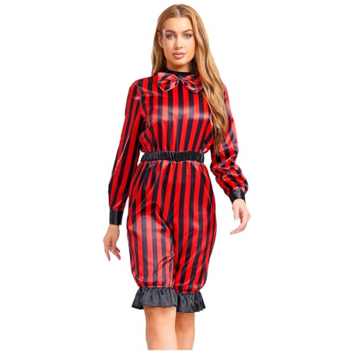 dPois Damen Zirkis Clown Kostüm Halloween Langarm Overall Gestreift Jumpsuit Erwachsene Mottoparty Rollenspiel Karneval Kosütm Rot&Schwarz XL dPois Damen Zirkis Clown Kostüm Halloween Langarm Overall Gestreift Jumpsuit Erwachsene Mottoparty Rollenspiel Karneval Kosütm Rot&Schwarz XL von dPois