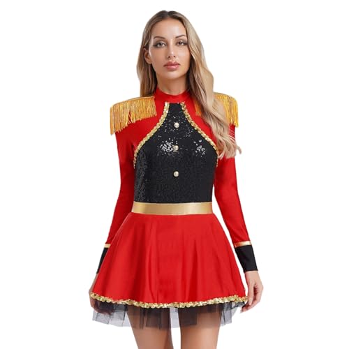 dPois Damen Zirkus Dompteur Kostüm Langarm Kleid Minikleid mit Tutu Rock Glitzer Halloween Show Bühnen Mottoparty Fasching Kostüm Rot XL von dPois