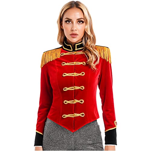 dPois Damen Zirkus Kostüm Samt Jacke Ringmaster Jacke Mantel Kurz Langarm Balzer Oberteil Faschingskostüm Mottoparty Cosplay Outfit Rot S von dPois