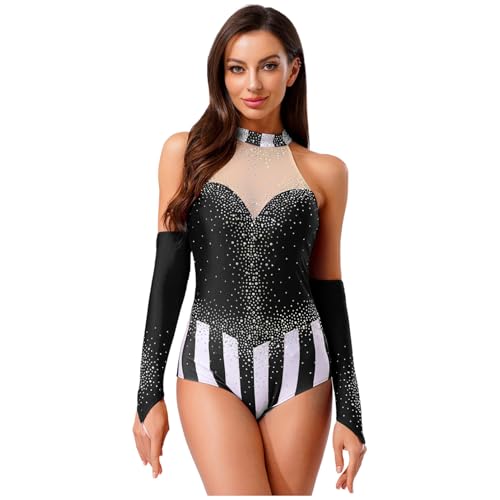 dPois Damen Zirkus Zirkusdirektor Kostüm Glitzer Bodysuit Einteiler Body Leotard mit Handschuhe Mottoparty Fasching Karneval Kostüm Schwarz 3XL von dPois
