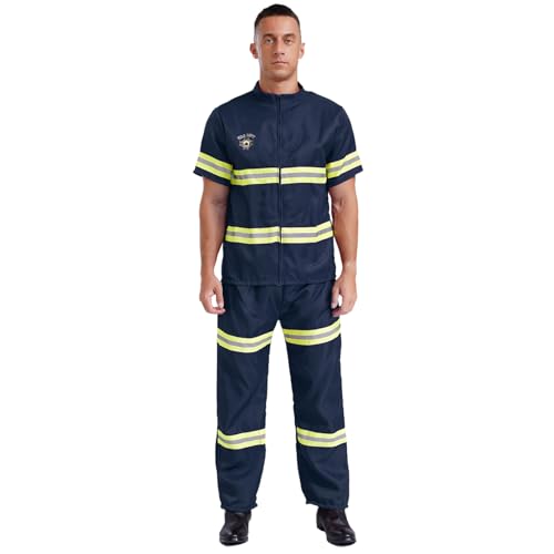 dPois Herren 4tlg. Feuerwehrmann Kostüm Beruf Uniform Cosplay Kostüm Jacke Hose mit Zubehör Erwachsene Fasching Karneval Kostüm Navy blau XL von dPois
