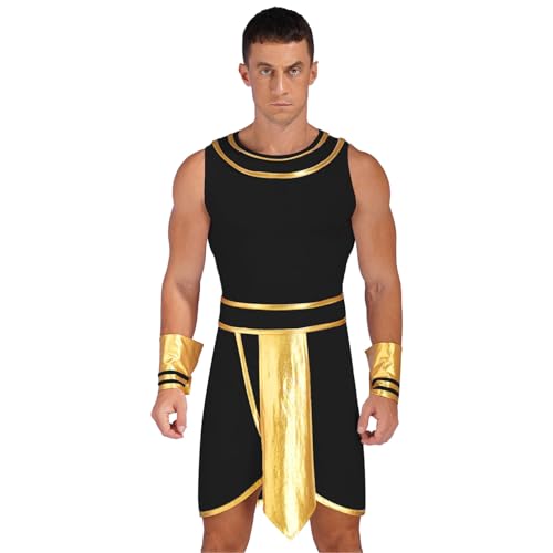 dPois Herren Ägyptischer König Pharao Kostüm Ärmellos Gewand Kleid mit Zubehör Erwachsene Halloween Faschingskostüm A Schwarz M von dPois