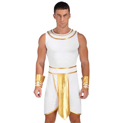 dPois Herren Ägyptischer König Pharao Kostüm Ärmellos Gewand Kleid mit Zubehör Erwachsene Halloween Faschingskostüm A Weiß M von dPois