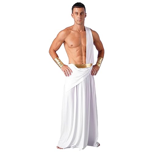 dPois Herren Antike Griechischer Gott Toga Kostüm Lange Rock mit Armbänder Halloween Fasching Mottoparty Cosplay Outfit A Weiß XL von dPois