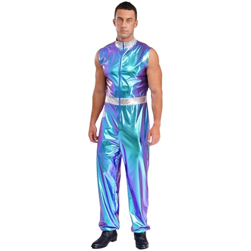 dPois Herren Astronaut Kostüm Glänzend Jumpsuit Ärmellos Overall Raumfahrer Anzug mit Rollkragen Uniform Halloween Fasching Kostüm Blau M von dPois