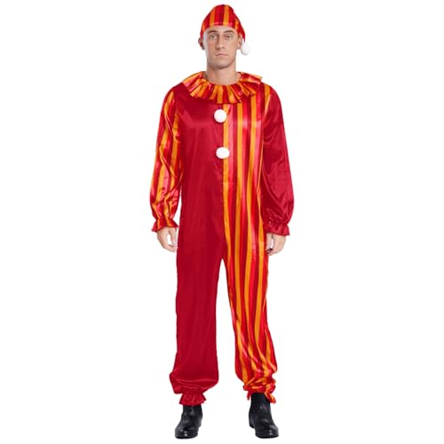 dPois Herren Clown Zirkus Kostüm Einteiler Overall Rüschen Kragen Jumpsuit mit Hut Mütze Halloween Fasching Mottoparty Kostüm Rot&Gelb XXL von dPois
