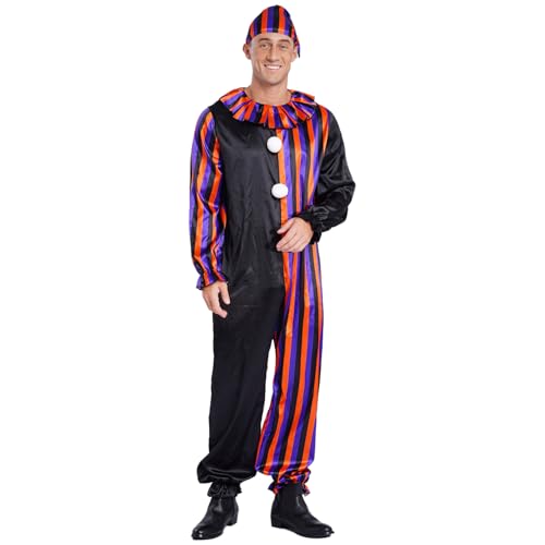 dPois Herren Clown Zirkus Kostüm Einteiler Overall Rüschen Kragen Jumpsuit mit Hut Mütze Halloween Fasching Mottoparty Kostüm Schwarz&Orange XXL von dPois