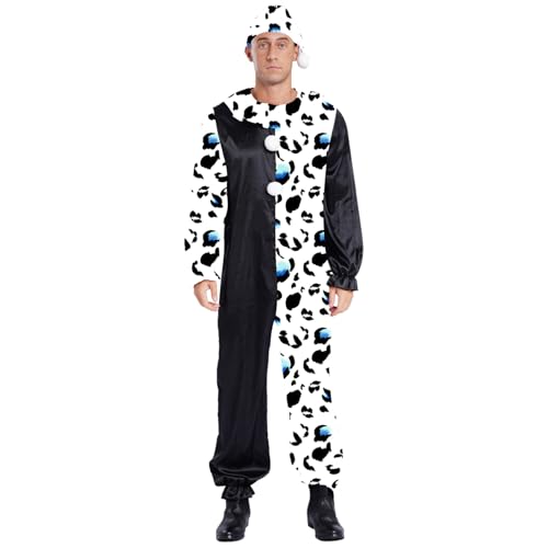 dPois Herren Clown Zirkus Kostüm Einteiler Overall Rüschen Kragen Jumpsuit mit Hut Mütze Halloween Fasching Mottoparty Kostüm Schwarz&Weiß XXL von dPois