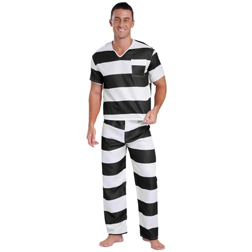 dPois Herren Gefängnis Kostüm Gefangener Häftling Uniform Halloween Karneval Kostüm Gestreift Shirt mit Hose Cosplay Outfit Set Schwarz L dPois Herren Gefängnis Kostüm Gefangener Häftling Uniform Halloween Karneval Kostüm Gestreift Shirt mit Hose Cosplay Outfit Set Schwarz L von dPois