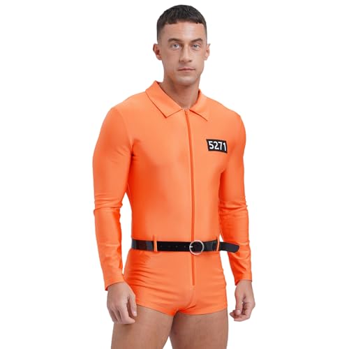dPois Herren Gefangene Kostüm Sträfling Uniform Cosplay Outfit Bodysuit Kurz Overall Jumpsuit Karneval Fasching Kostüm in Orange Orange L von dPois
