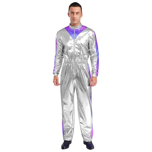 dPois Herren Glänzend Astronaut Kostüm Einteiler Overall Jumpsuit Lang Raumanzug Halloween Fasching Rollenspiel Kostüm Silber XL von dPois