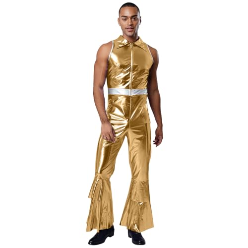 dPois Herren Glänzend Jumpsuit Ärmellos Overall Schlager Romper mit Revers Vintage 70er Jahre Disco Kostüm Mottoparty Fasching Silvester Gold M dPois Herren Glänzend Jumpsuit Ärmellos Overall Schlager Romper mit Revers Vintage 70er Jahre Disco Kostüm Mottoparty Fasching Silvester Gold M von dPois