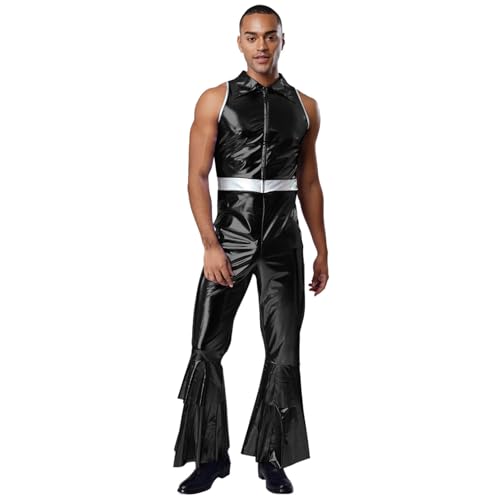 dPois Herren Glänzend Jumpsuit Ärmellos Overall Schlager Romper mit Revers Vintage 70er Jahre Disco Kostüm Mottoparty Fasching Silvester Schwarz XL dPois Herren Glänzend Jumpsuit Ärmellos Overall Schlager Romper mit Revers Vintage 70er Jahre Disco Kostüm Mottoparty Fasching Silvester Schwarz XL von dPois