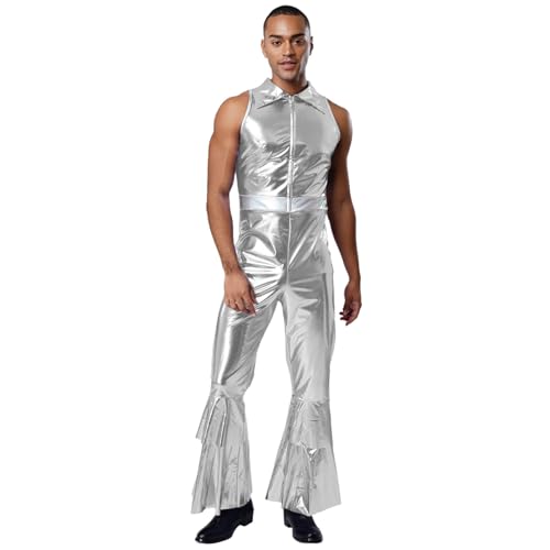 dPois Herren Glänzend Jumpsuit Ärmellos Overall Schlager Romper mit Revers Vintage 70er Jahre Disco Kostüm Mottoparty Fasching Silvester Silber XL dPois Herren Glänzend Jumpsuit Ärmellos Overall Schlager Romper mit Revers Vintage 70er Jahre Disco Kostüm Mottoparty Fasching Silvester Silber XL von dPois