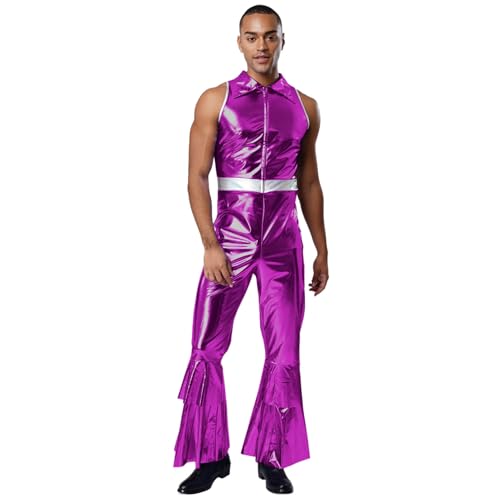 dPois Herren Glänzend Jumpsuit Ärmellos Overall Schlager Romper mit Revers Vintage 70er Jahre Disco Kostüm Mottoparty Fasching Silvester Violett XL dPois Herren Glänzend Jumpsuit Ärmellos Overall Schlager Romper mit Revers Vintage 70er Jahre Disco Kostüm Mottoparty Fasching Silvester Violett XL von dPois