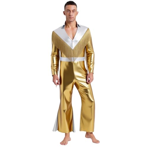 dPois Herren Glänzend Jumpsuit Langarm Overall Lang Schlaghose mit Quasten Hippe Disco Kostüm Show Bühne Mottoparty Karneval Outfit Gold XL dPois Herren Glänzend Jumpsuit Langarm Overall Lang Schlaghose mit Quasten Hippe Disco Kostüm Show Bühne Mottoparty Karneval Outfit Gold XL von dPois