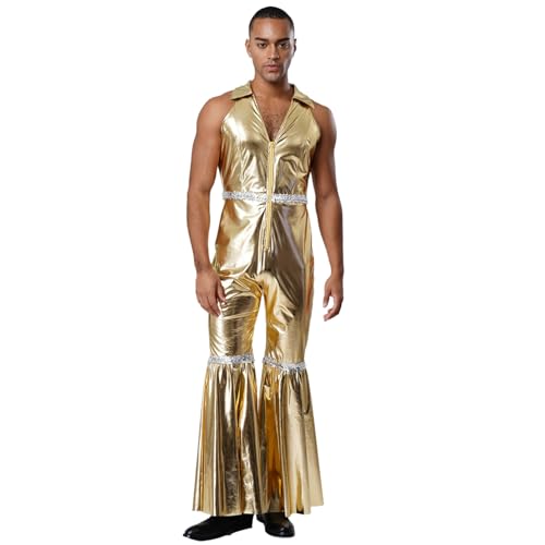 dPois Herren Glänzend Jumpuit Lang Overall Ärmellos mit Schlaghose Halloween Fasching Vintage Disco Hippe Silvester Kostüm Gold L dPois Herren Glänzend Jumpuit Lang Overall Ärmellos mit Schlaghose Halloween Fasching Vintage Disco Hippe Silvester Kostüm Gold L von dPois