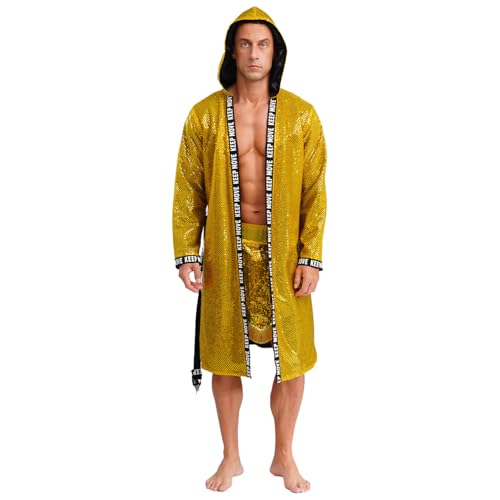 dPois Herren Glitzer Boxen Kleidung Lang Boxermantel Kapuzenmantel mit Boxen Shorts Kampfsport Kickenboxen Thai Boxen Kostüm Mottoparty Gold XL dPois Herren Glitzer Boxen Kleidung Lang Boxermantel Kapuzenmantel mit Boxen Shorts Kampfsport Kickenboxen Thai Boxen Kostüm Mottoparty Gold XL von dPois