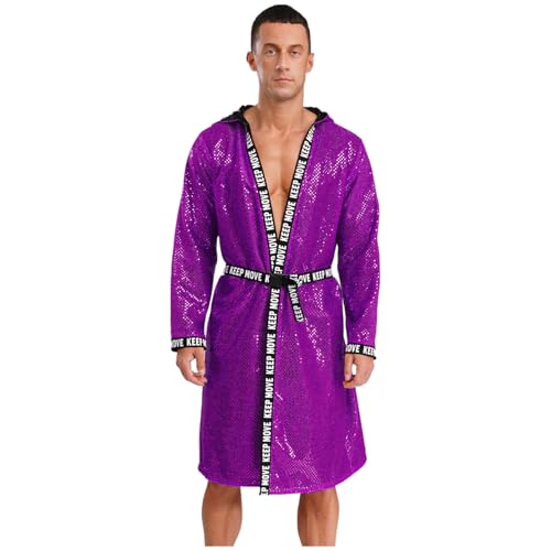 dPois Herren Glitzer Boxing Robe Kimono Langarm Mantel mit Kapuze Cover Up Robe Pailletten Oberteil Muay Thai Kampfsports Training Kleidung Hot Pink L von dPois
