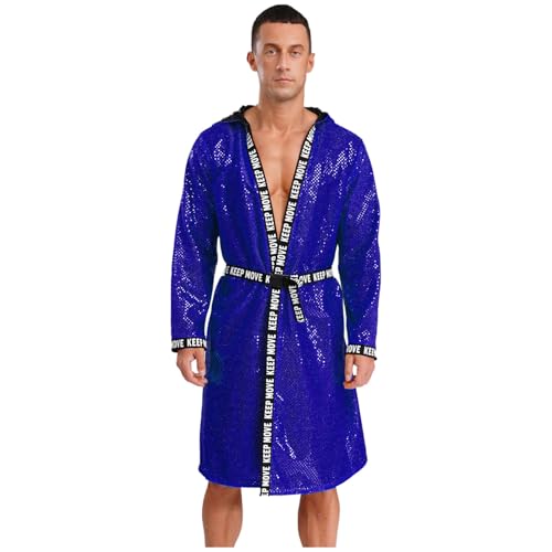 dPois Herren Glitzer Boxing Robe Kimono Langarm Mantel mit Kapuze Cover Up Robe Pailletten Oberteil Muay Thai Kampfsports Training Kleidung Königsblau L von dPois