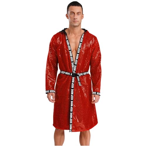dPois Herren Glitzer Boxing Robe Kimono Langarm Mantel mit Kapuze Cover Up Robe Pailletten Oberteil Muay Thai Kampfsports Training Kleidung Rot M von dPois