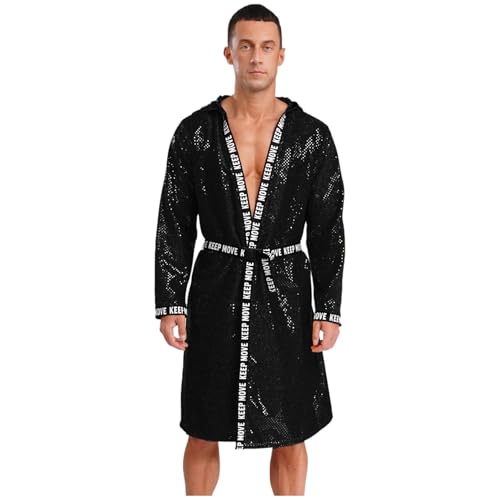 dPois Herren Glitzer Boxing Robe Kimono Langarm Mantel mit Kapuze Cover Up Robe Pailletten Oberteil Muay Thai Kampfsports Training Kleidung Schwarz XL von dPois
