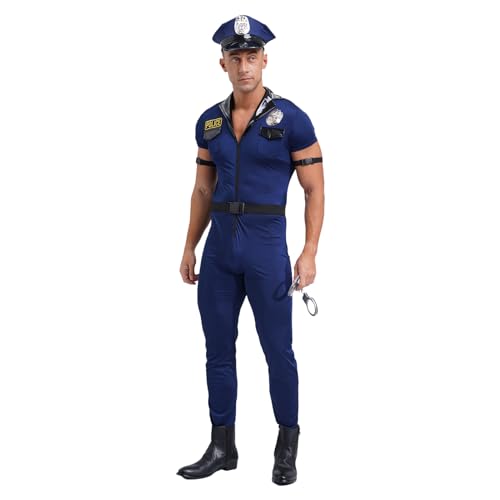 dPois Herren Polizei Kostüm Uniform Cosplay Outfit Lange Jumpsuit Body mit Zubehör Sexy Karneval Fasching Kostüm A Blau L von dPois