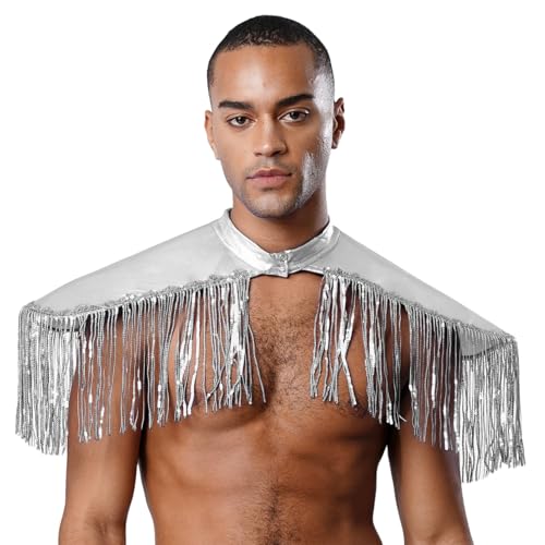 dPois Herren Schulter Epauletten Metallic Schulterklappen Oberteil mit Quasten Vintage Disco Kostüm Mottoparty Fasching Kostüm Silber Einheitsgröße von dPois