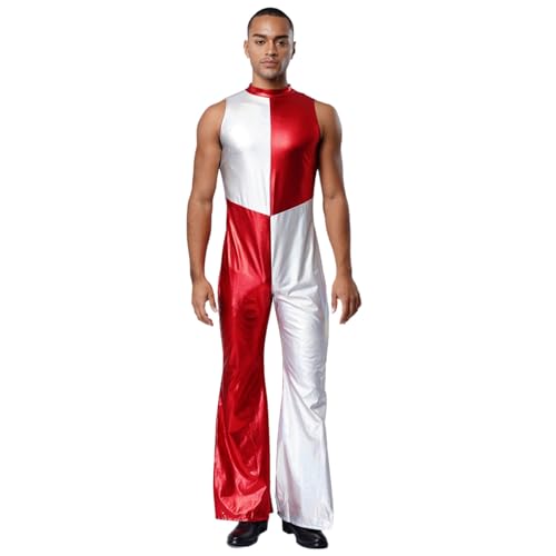 dPois Herren Vintage Disco Outfit Glänzend Jumpsuit Lang Overall Playsuit Ärmellos mit Schlaghose Mottoparty Fasching Kostüm Rot XL dPois Herren Vintage Disco Outfit Glänzend Jumpsuit Lang Overall Playsuit Ärmellos mit Schlaghose Mottoparty Fasching Kostüm Rot XL von dPois
