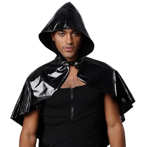 dPois Herren Wetlook Oberteil Umhang Cape Kurz mit Kapuze Mittelalter Kleidung Gothic Punk Wikinger Zauberer Kostüm Schwarz Einheitsgröße dPois Herren Wetlook Oberteil Umhang Cape Kurz mit Kapuze Mittelalter Kleidung Gothic Punk Wikinger Zauberer Kostüm Schwarz Einheitsgröße von dPois