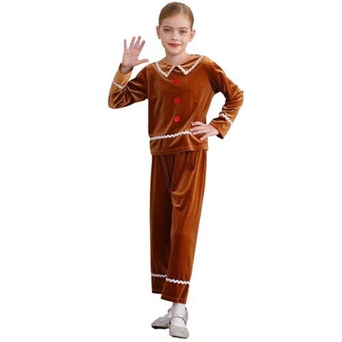dPois Kinder Mädchen Lebkuchen Lebkuchenmann Verkleidung Outfit Samt Langarmshirt Tops mit Lange Hose Fasching Halloween Mottoparty Kostüm Braun 134-140 von dPois
