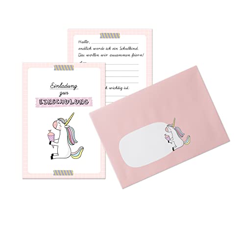 dabelino Einladung Einschulung: 6X Einladungskarten + Umschläge zur Einschulung: Einhorn/Schultüte für Mädchen (rosa) von dabelino