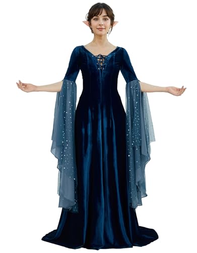 daizbella Renaissance-Kleid für Damen, Retro, elegantes Samtkleid, Mittelalterkleid, Fantasiekleid, Mittelalter-Kostüm, Dunkelblau, Groß von daizbella