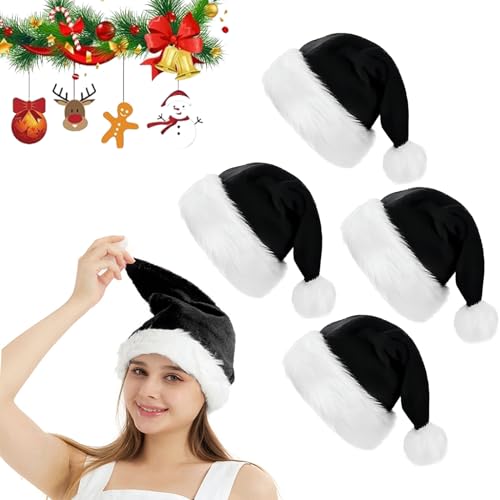 dancepandas Weihnachtsmütze, Set aus 4 Nikolaus Mützen Schwarze Weihnachtsmützen Erwachsene Weihnachtsmann Mütze aus Plüsch kuschelweich & Angenehm Für Erwachsene von dancepandas