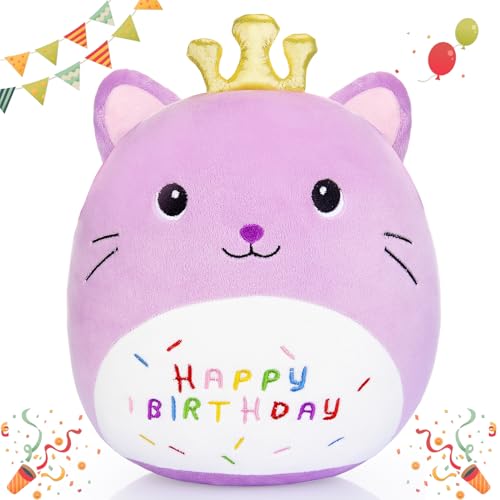 dashfor 26CM Happy Birthday Kuschelkissen Kinder, Kuscheltier Plüschtier Katze Cute Plushies Geschenk Mädchen 3 4 5 6 7 Jahre Geburtstagsgeschenk für Mädchen Spielzeug ab 3-6 Jahre Mädchen von dashfor