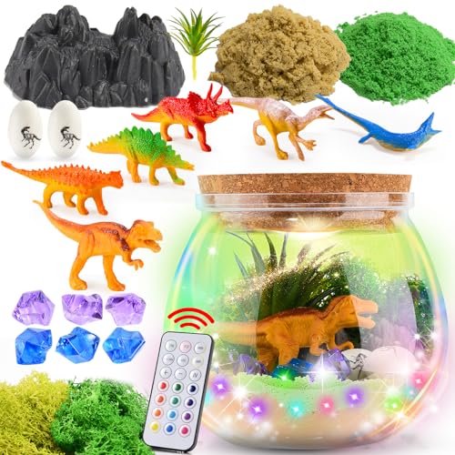 dashfor Dinosaurier Spielzeug ab 4-7 Jahre Geschenk Junge 6 Jahre, Light Up Dinosaurier Terrarium Set Kinder mit Timing-Fernbedienung, Farbigen Lichtern Weihnachts Geschenk von dashfor