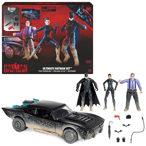 DC Batman The Batman Ultimate Batman Set mit 10cm Actionfiguren von Batman, The Penguin, Selina Kyle, dem Batmobile (Alles in Matsch-Optik) sowie Accessoires zum Batman-Kinofilm von Spin Master