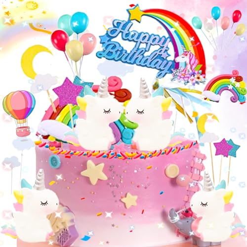 21 Stück Kuchen Topper Einhorn Tortendekoration Kit, Einhorn Regenbogen Happy Birthday Topper, Kinderparty Regenbogen Kuchendekoration, Geeignet für Kuchen, Muffins, Geburtstagsfeiern von dcas